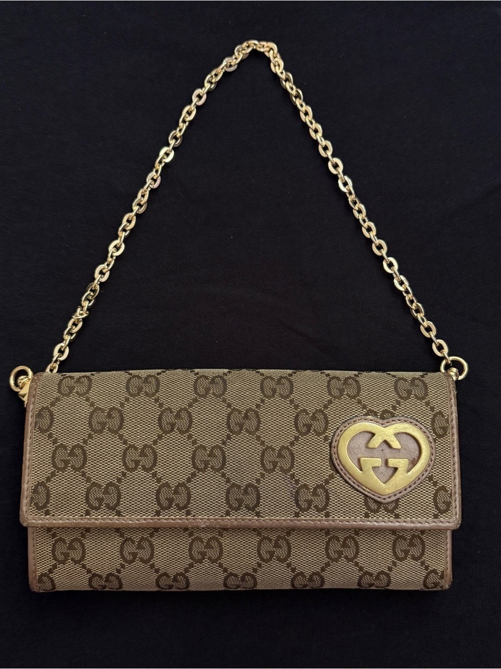 Gucci Brown GG Canvas Wallet on Chain with Gold-Tone Heart Logo